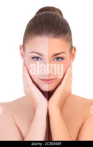 concept de bains de soleil - belle femme avant et après bronzage isolé sur fond blanc Banque D'Images