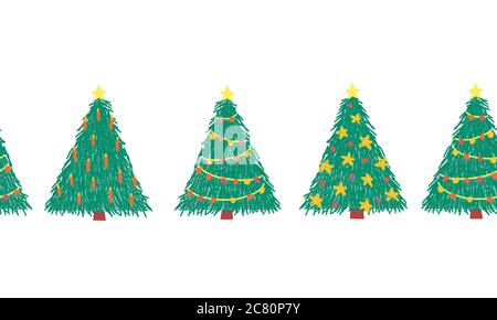 Arbres de Noël bordure répétitive sans couture. Dessin à la main décoration de Noël, bannières, rubans, cartes de vœux Banque D'Images