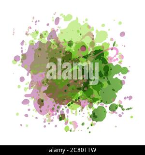 Gouttes de peinture couleurs pourpre et vert sur une illustration blanche, vectorielle EPS 10 imitant aquarelle, arrière-plan abstrait pour le texte, point multicolore accrocheur, élément de design, peut être utilisé pour la circulaire, la publicité. Illustration de Vecteur