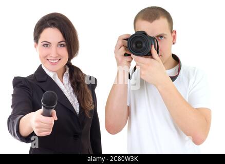 femme avec microphone et homme avec caméra isolée sur fond blanc Banque D'Images