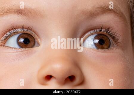 Photo macro de l'œil marron de l'enfant. Ophtalmologie des enfants, vue. Gros plan Banque D'Images