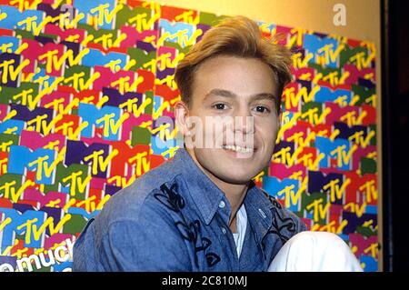 Jason Donovan au stand MTV de IM&MC. Amsterdam, le 30 avril 1989 | utilisation dans le monde entier Banque D'Images