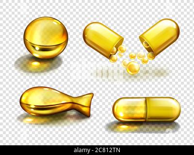 Capsules d'huile d'or, vitamine, suppléments bio, poisson, pilules rondes et ovales. Cosmétiques, bulles d'or oméga-3, gel antibiotique, gouttelettes de sérum isolées ou essence de collagène, ensemble de vecteurs 3d réalistes Illustration de Vecteur