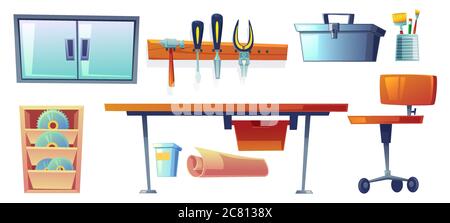 Instruments de garage, outils pour la menuiserie et les travaux de réparation. Tournevis, pinces et marteau suspendus à bord, établi, lame pour scie circulaire, boîte à outils et pinceaux. Illustration vectorielle de dessin animé Illustration de Vecteur