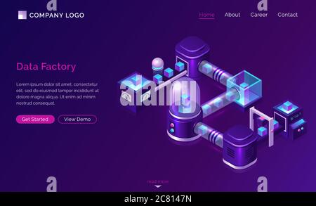 Usine de traitement de données, vecteur de concept de technologie isométrique. Serveur avec dôme en verre et objet virtuel, tapis transporteur avec transport de données, page Web d'arrivée aux ultraviolets avec icônes au néon bleu Illustration de Vecteur