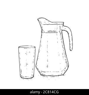 Carafe et verre pour le lait, l'eau ou le jus. Illustration vectorielle dessinée à la main. Boisson. Illustration de Vecteur