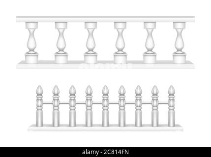 Balustrade en marbre, balustrades blanches pour balcon ou mains courantes. Sections de la cloison ou de l'escrime avec piliers décoratifs. Panneaux de balustres pour la conception d'architecture éléments isolés Illustration 3D réaliste de vecteur Illustration de Vecteur