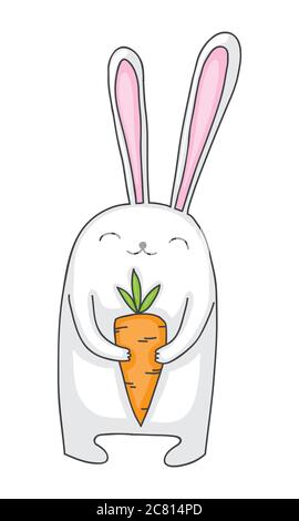 Mignon et heureux à la caricature ou lapin lapin tenant une carotte. Dessin simple, conçu pour les enfants. Banque D'Images