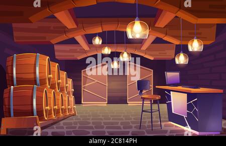 Cave à vins, cave intérieure avec fûts en bois, murs et plancher en briques, lampes en forme de lunettes de vin. Magasin de boissons alcoolisées avec pc sur le comptoir et tabouret élevé, sous-sol. Illustration vectorielle de dessin animé Illustration de Vecteur