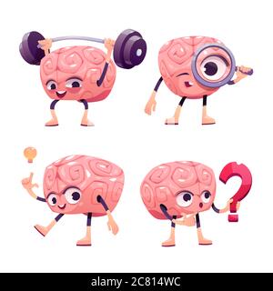 Personnages de cerveau, mignon mascotte de dessin animé avec drôle de visage s'exerçant avec barbell, regarder dans la loupe, ont une grande idée, tenir la question de marque. Des émotions souriantes. Illustration vectorielle, jeu d'icônes isolées Illustration de Vecteur