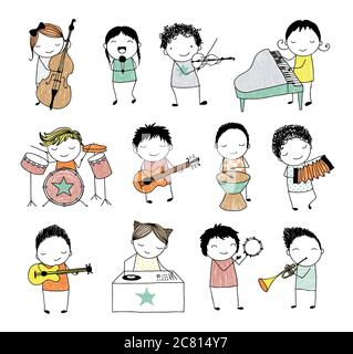 Collection de doodle mignon enfants jouant divers instruments de musique Banque D'Images