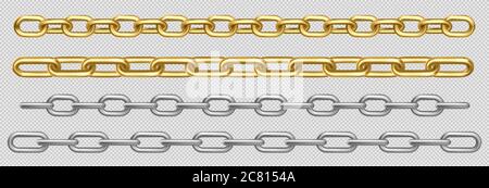 Chaîne métallique de maillons argentés, chromés, en acier ou dorés. Bordure avec anneaux en acier inoxydable connectés. Éléments décoratifs droits gris lourd, jaunes isolés sur fond transparent ensemble de vecteurs 3d réalistes Illustration de Vecteur