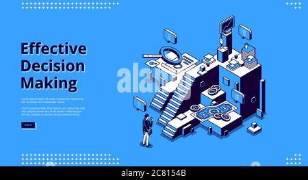 Bannière de prise de décision efficace. Concept de choisir la bonne façon dans les affaires, le travail ou la vie. Page d'arrivée vectorielle avec illustration isométrique de l'homme confus et des escaliers pour différentes options Illustration de Vecteur