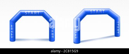 Arches gonflables pour la publicité, les courses, les courses de marathon et les événements sportifs. Porte arcades bleues avec lettrage, finition de début sur la compétition sportive isolée sur fond blanc, illustration vectorielle réaliste Illustration de Vecteur