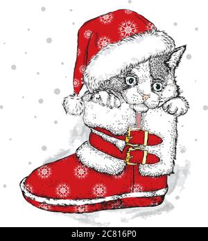 Adorable chaton en bottes d'hiver. Illustration vectorielle pour carte de vœux, poster ou impression sur des vêtements. Noël et nouvel an. Illustration de Vecteur