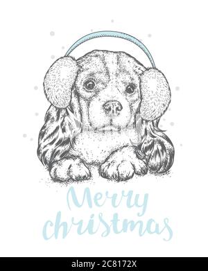 Un chiot mignon avec cache-oreilles et foulard. Illustration vectorielle pour une carte ou une affiche. Imprimer sur des vêtements. Beau chien. Nouvel an et Noël. Hiver. Chaud Illustration de Vecteur