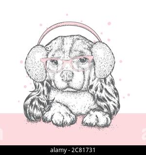 Un chiot mignon avec cache-oreilles et foulard. Illustration vectorielle pour une carte ou une affiche. Imprimer sur des vêtements. Beau chien. Nouvel an et Noël. Hiver. Chaud Illustration de Vecteur