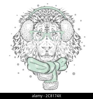 Magnifique lion en foulard et écouteurs d'hiver. Illustration vectorielle pour une carte ou une affiche. Imprimer sur des vêtements. Hiver. Nouvel an et Noël. Illustration de Vecteur