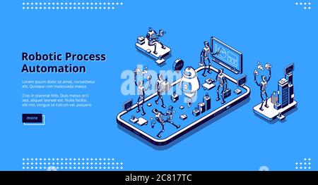Bannière d'automatisation de processus robotisé. Technologies d'innovation de l'intelligence artificielle dans le travail d'entreprise. Page de renvoi vectorielle avec illustration isométrique des robots travaillant au bureau Illustration de Vecteur