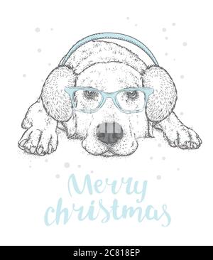 Un chiot mignon avec cache-oreilles et foulard. Illustration vectorielle pour une carte ou une affiche. Imprimer sur des vêtements. Beau chien. Nouvel an et Noël. Hiver. Chaud Illustration de Vecteur