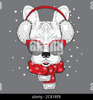 Un chiot mignon avec cache-oreilles et foulard. Illustration vectorielle pour une carte ou une affiche. Imprimer sur des vêtements. Beau chien. Nouvel an et Noël. Hiver. Chaud Illustration de Vecteur