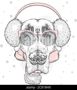 Un chiot mignon avec cache-oreilles et foulard. Illustration vectorielle pour une carte ou une affiche. Imprimer sur des vêtements. Beau chien. Nouvel an et Noël. Hiver. Chaud Illustration de Vecteur