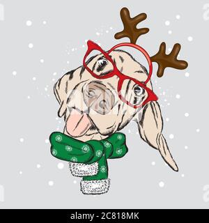 Chien drôle portant des lunettes et des cornes. Chiot en costume de cerf. Illustration vectorielle pour une carte ou une affiche, imprimé sur des vêtements.nouvel an et Noël Illustration de Vecteur