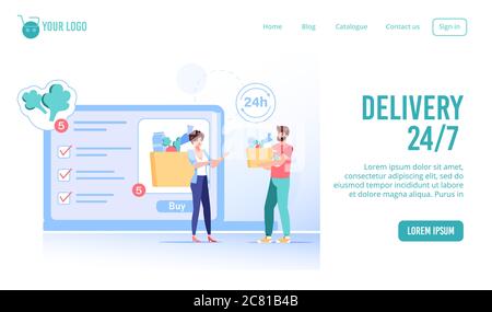 Page Web du service de livraison de commandes en ligne de produits alimentaires d'épicerie Illustration de Vecteur