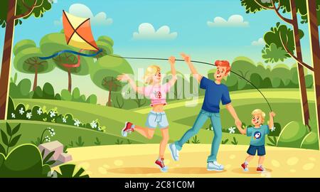 Jeune enfant de famille fils volant cerf-volant dans le parc de la ville Illustration de Vecteur