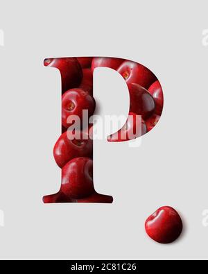 Lettre P de l'alphabet anglais créée à partir de cerises. Lettre 3D en cerisier avec ombre derrière un papier gris clair. Banque D'Images