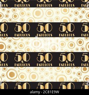 Cinquante ans et fabuleux anniversaire sans couture vector motif or fond de feuille. Bandes horizontales noires avec typographie de style art déco sur fond de bulles Illustration de Vecteur