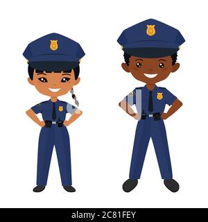 Personnages chibi mignons en uniforme de police. Professions pour enfants. Style dessin animé plat. Illustration vectorielle Banque D'Images