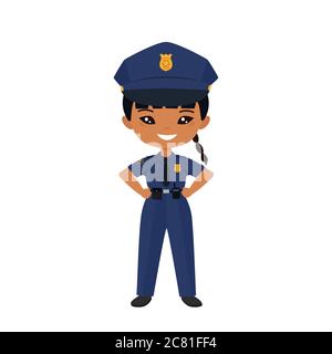 Personnage de fille Chibi en uniforme de police. Professions pour enfants. Style dessin animé plat. Illustration vectorielle Banque D'Images