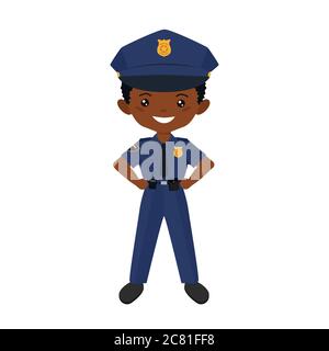 Personnage de Chibi garçon en uniforme de police. Professions pour enfants. Style dessin animé plat. Illustration vectorielle Banque D'Images