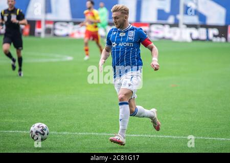 Poznan, Pologne. 19 juillet 2020. Kamil Jozwiak de Lech Poznan en action pendant le match PKO polonais Ekstraklasa entre Lech Poznan et Jagiellonia Bialystok au stade municipal de Poznan.score final; Lech Poznan 4:0 Jagiellonia Bialystok. Crédit : SOPA Images Limited/Alamy Live News Banque D'Images