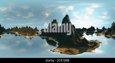 Paysage océanique 8K : îles, plages de sable, montagnes, ciel bleu ensoleillé, nuages (carte HDRI, rendu de la nature à 360 degrés, fond sphérique, panorama 3d) Banque D'Images