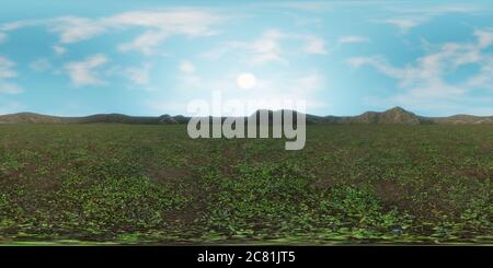 Carte HDRI 8K, paysage avec végétation et chaîne de montagnes avec un ciel ensoleillé (nature à 360 degrés, environnement sphérique, panorama 3d) Banque D'Images