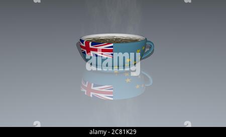 TUVALU a placé sur une tasse de café chaud dans une illustration 3D avec une perspective réaliste et des ombres miroirs sur le sol Banque D'Images