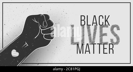 Bannière pour Black Lives important de protestation aux États-Unis. Mettre fin à la violence envers les Noirs. Main, symbole brutal de poing avec coeur tatouage sur fond blanc. GR Illustration de Vecteur