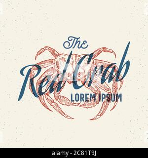 Les fruits de mer du crabe rouge. Carte d'effet d'impression rétro. Modèle de signe, symbole ou logo abstrait vectoriel. Sillvib Sillvidb avec Typographie. Vintage Illustration de Vecteur