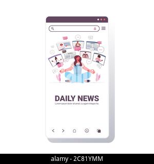 femme assis lotus pose discuter des actualités quotidiennes avec des amis dans le navigateur web fenêtres chat bulle de communication concept smartphone écran mobile application copier espace illustration vectorielle Illustration de Vecteur