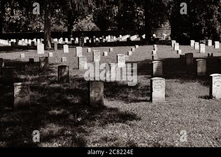 Vue solennelle des rangées de pierres tombales militaires pour les troupes de l'Union de la guerre civile près du champ de bataille du cimetière national de Stones River à Murfreesboro, Tennessee, en septembre Banque D'Images