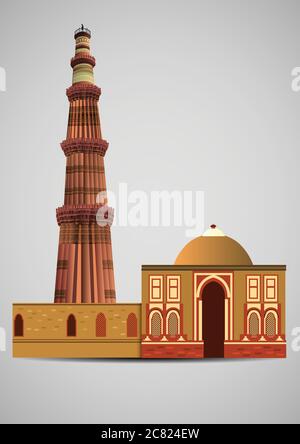 Vue de face de Qutub Minar New Delhi, Inde, le plus haut minaret de l'Inde est une tour en marbre et en grès rouge qui représente le début de la musulmane r Illustration de Vecteur