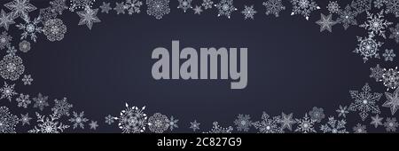 Magnifique fond de Noël avec divers complexes grands et petits flocons de neige isolés sur le noir. Design moderne et plat pour le nouvel an et noël. Hiver d Illustration de Vecteur