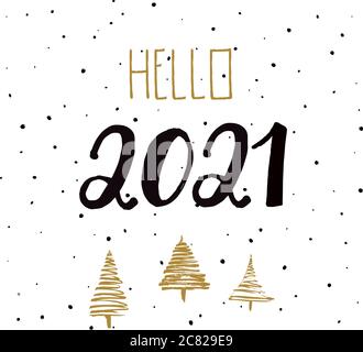 21 nouvel an. 2021 numéros de grunge, chute de neige, arbres de noël dorés sur fond blanc. Lettrage écrit à la main. Parfait pour le design de la fête du nouvel an po Illustration de Vecteur