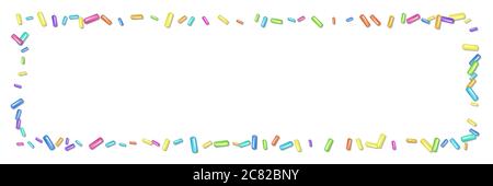 Saupoudrer de grains de desserts. Cadre horizontal abstrait avec grains de saupoudrer sur fond blanc. Design pour les motifs de vacances, fêtes, anniversaires, Illustration de Vecteur