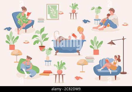 Restez et détendez-vous à la maison Vector Flat illustration. Des gens souriants et heureux passent le week-end à la maison avec des animaux domestiques, lisant, prenant une baignoire, se détendre dans un fauteuil confortable. Illustration de Vecteur