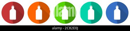 Bouteille, ensemble d'icônes de boisson, boutons de toile à motif plat rouge, bleu, vert et orange isolés sur fond blanc, illustration vectorielle Illustration de Vecteur