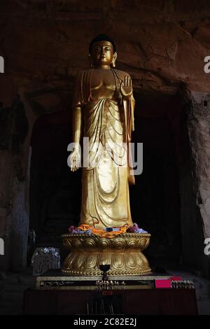 Grande statue dorée-Bouddha debout-salle bouddhiste tibétaine-Trothtrois Grottes du ciel-MatiSi. Comté de Sunan-Zhangye-Gansu-Chine-0971 Banque D'Images