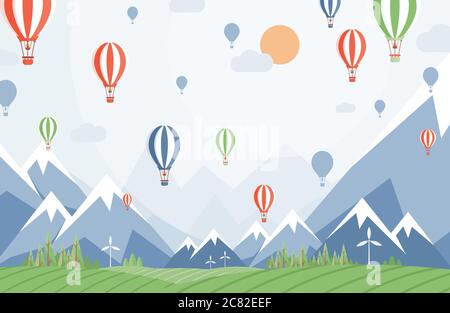 Été nature vue sur le paysage avec montagnes, prairies et ballons d'air. Voyage, aventure en banlieue, illustrations vectorielles de vacances d'été. Profitez du concept idéal pour les vacances d'été. Illustration de Vecteur